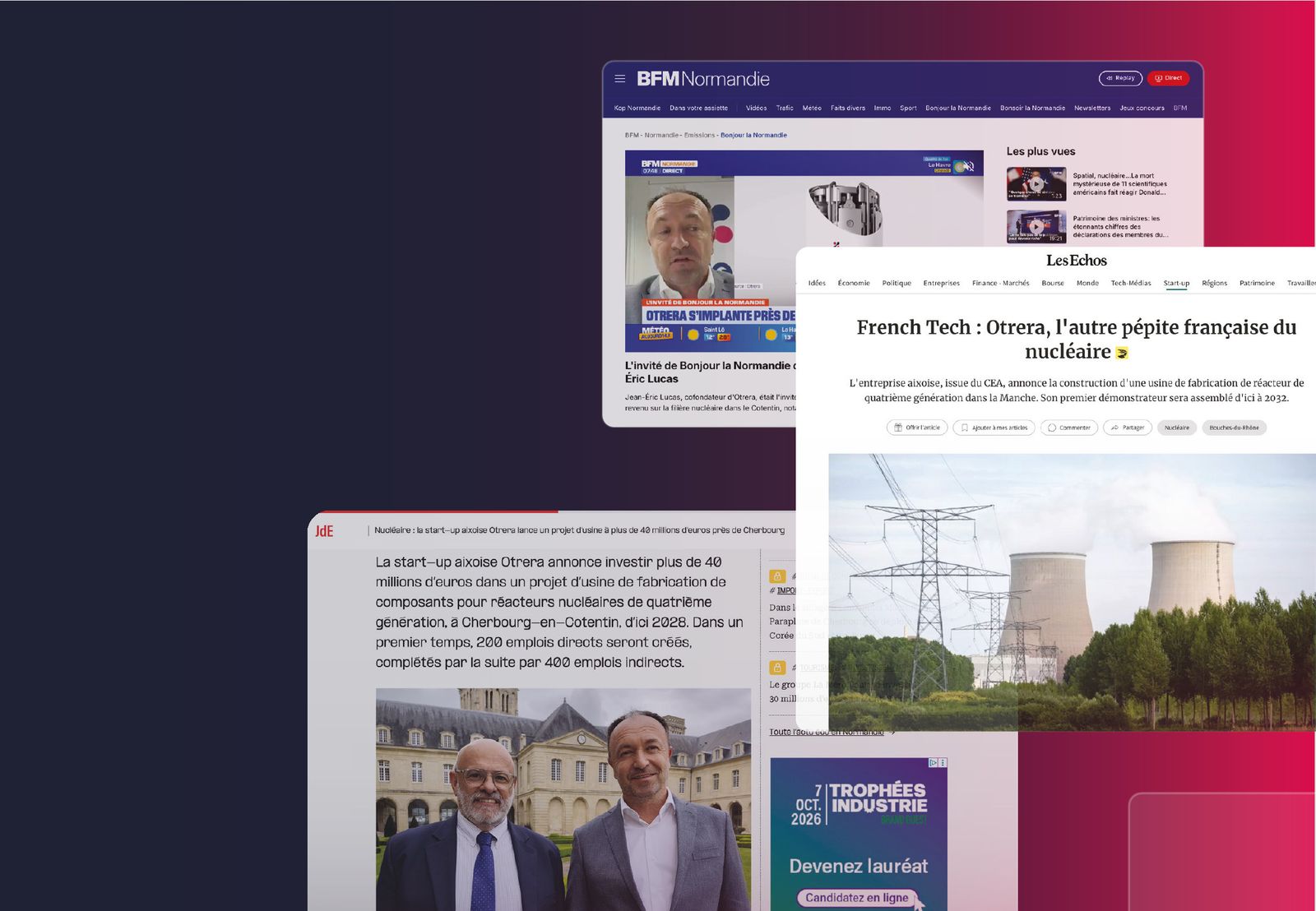 Captures d’articles de BFM Normandie, Les Échos et Le Journal des Entreprises consacrés à Otrera